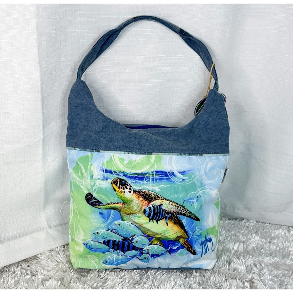 Guy Harvey Purse NWT Sea Turtle Fish Hobo Shoulder Bag Canvas Beach Tote - Picture 3 of 16